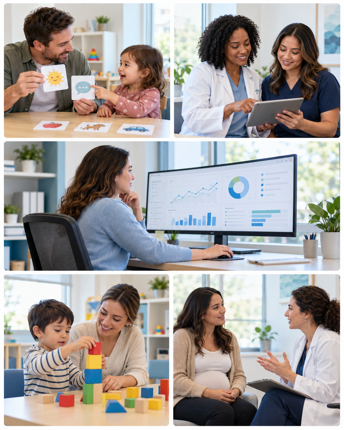 AI-generated illustrative scenes of families, therapists and clinical operations